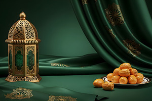 A gold lantern and plate of dates, a Photo by zahidhossainalif