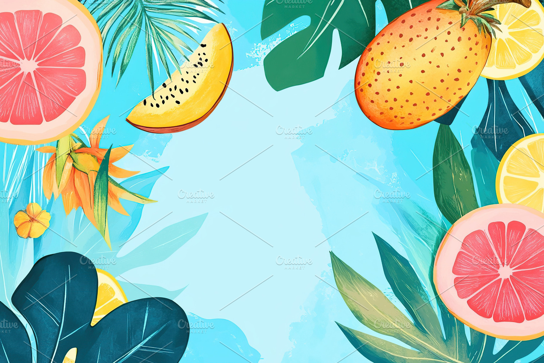 Bright summer poster banner showcasing tropical fruits and vibrant colors, a Background Photo by AlyaAnd