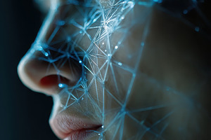 Woman's face covered in blue digital, a Photo by Pixeness Studio