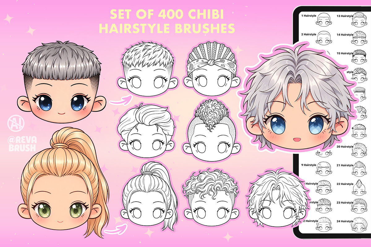 Procreate Chibi Hairstyles brushes, a Brush Add-On by Revabrush (Photo 5 of 16)