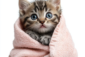Adorable Kitten Wrapped in Pink Towe, an Animal Photo by Pixeness Studio