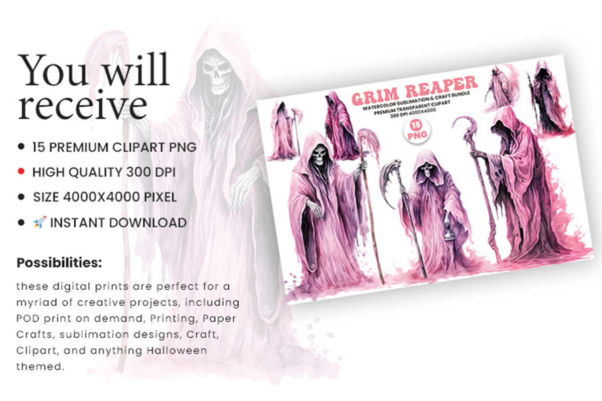 Halloween Watercolor Grim Reaper PNG, a Seasonal Illustration by Creative Arslan (Photo 3 of 6)