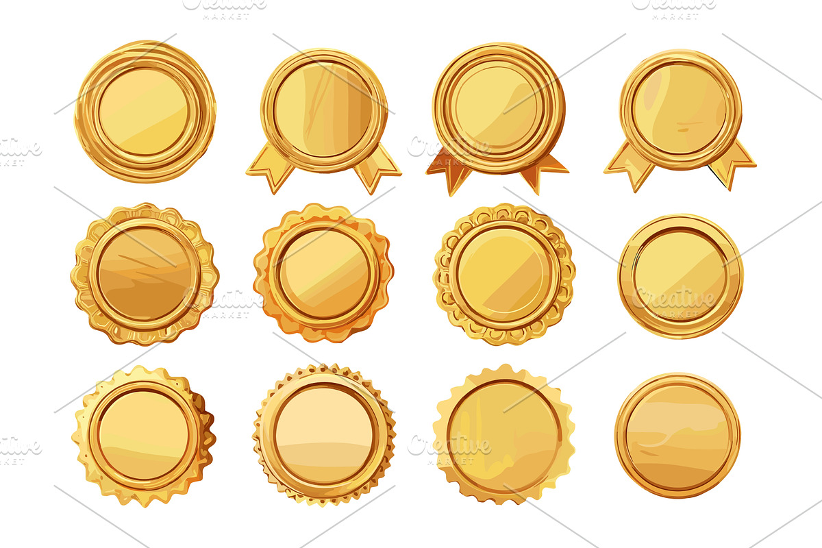 Gold round badges cartoon vector set, an Object Illustration by Onyx