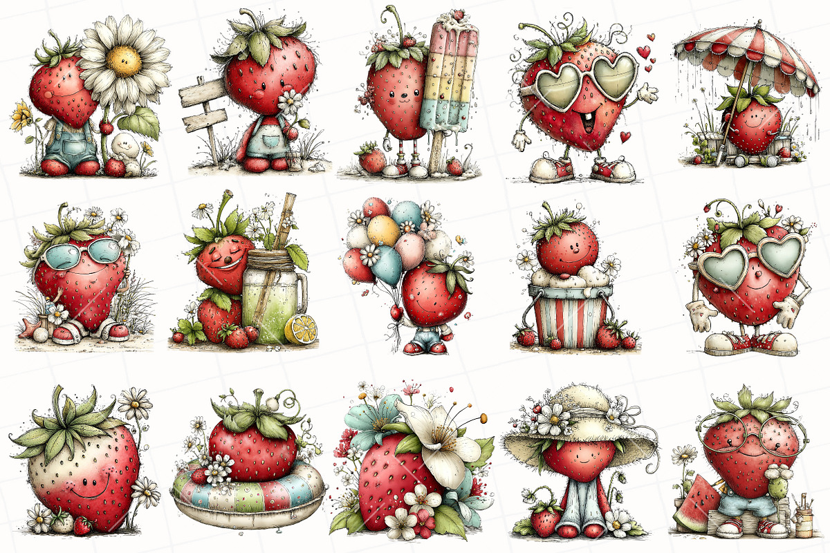 Whimsical Summer Strawberry Clipart, an Illustration by OK Design (Photo 3 of 6)