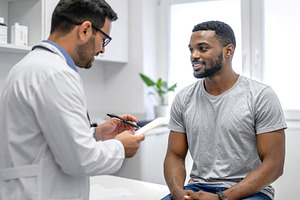 Black adult man patient sitting in a modern clinic being attende, a Health & Medical Photo by DanFLCreativo