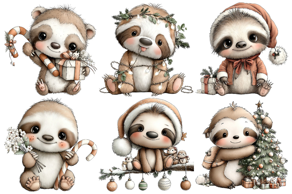 Whimsical Christmas Sloth Clipart, an Illustration by Pixels.Craft (Photo 6 of 6)