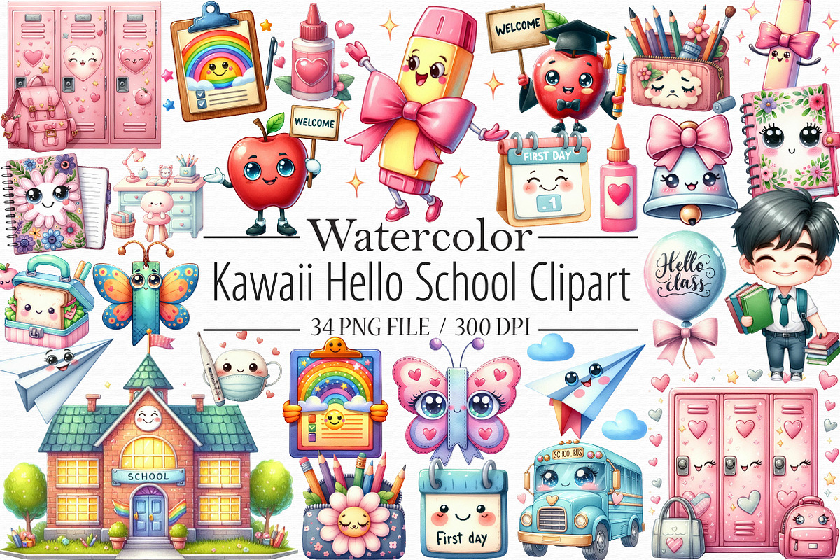 Kawaii Hello School Clipart Bundle, an Illustration by Libby Wishes (Photo 1 of 6)
