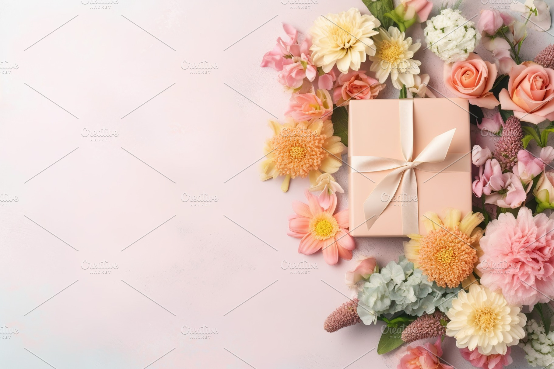 Beautiful flowers with gift box and copyspace. Generative AI, a Holiday Photo by AlyaAnd