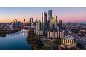Sunset view of Austin Skyline from, an Architecture Photo by Backyard Stock