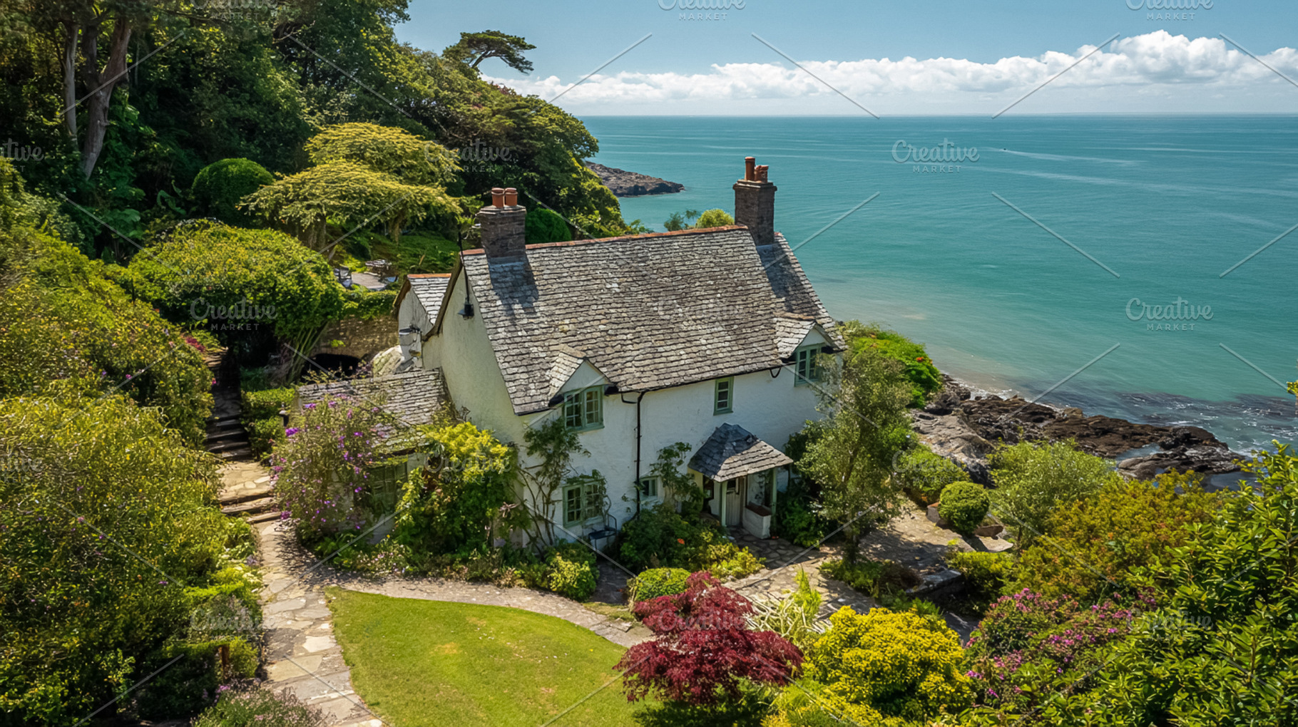 Charming seaside cottage nestled on a green hillside with a lush, a Photo by Studio ANNA