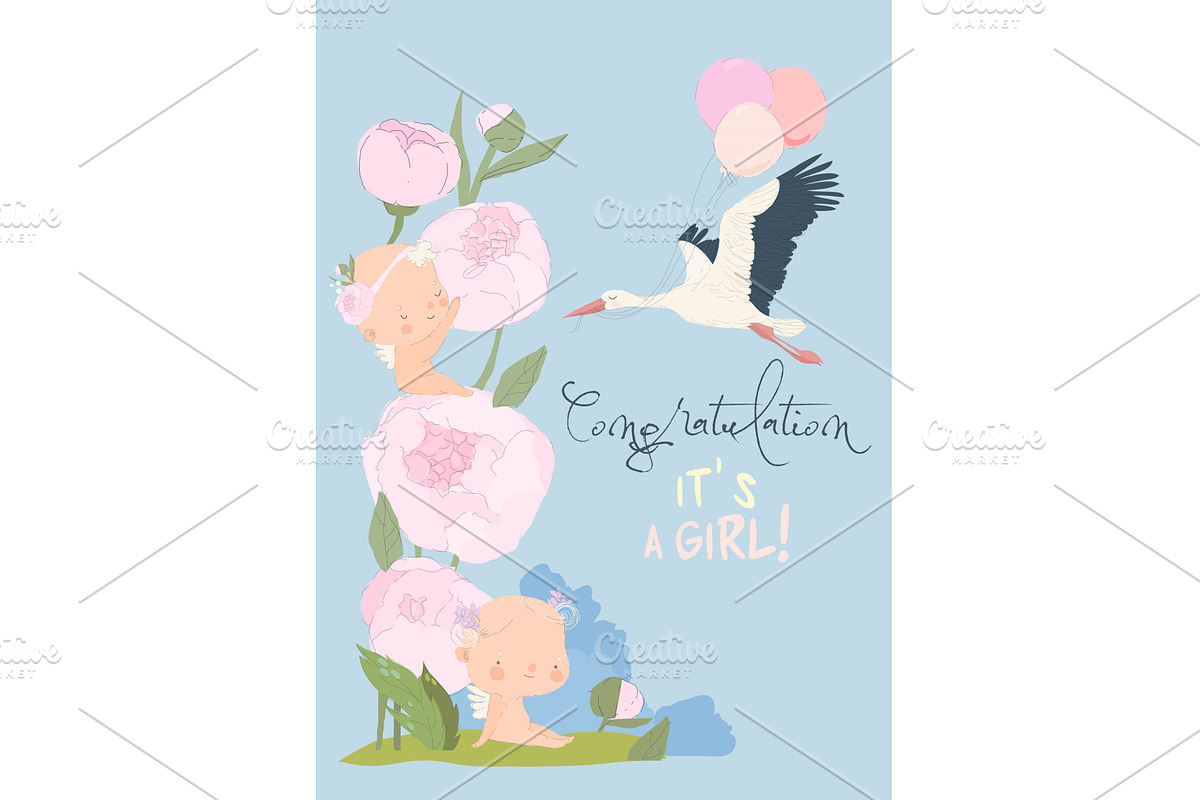 Stork Delivering Baby Girl. It s a, a Person Illustration by Maria Starus
