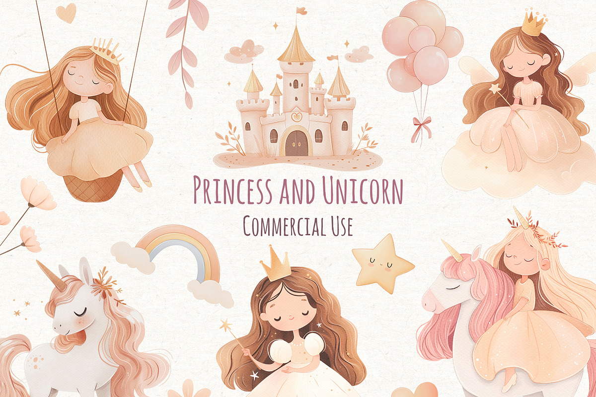 Cute Unicorn and Princess Clipart, a Person Illustration by ekossa_art (Photo 1 of 8)