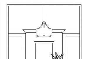 Detailed line art of a warm living room, featuring a sofa, coffee table, firepl, an Illustration by Studio ANNA