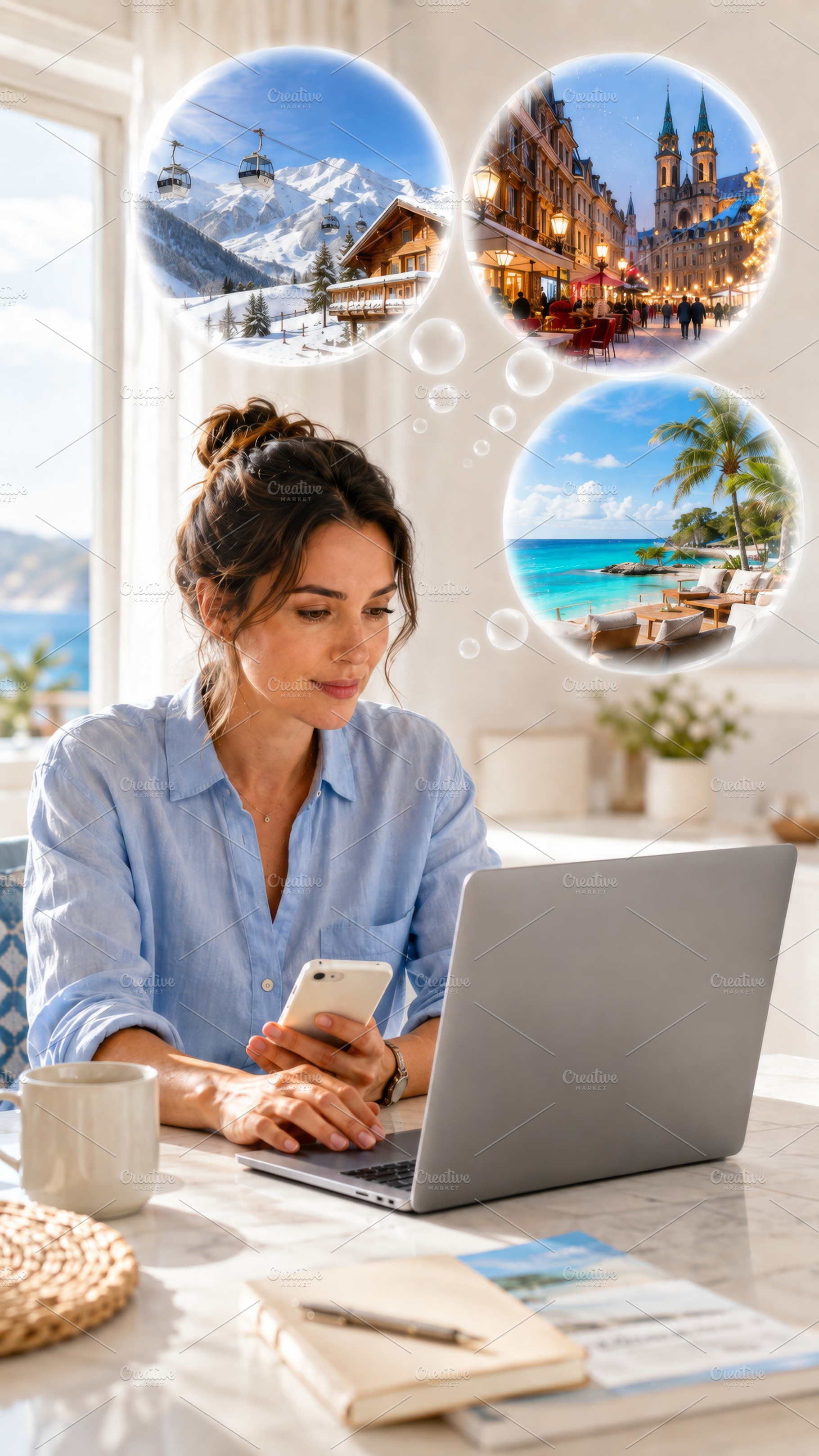 Woman using laptop and smartphone fo, a Photo by Dvoevnore photos