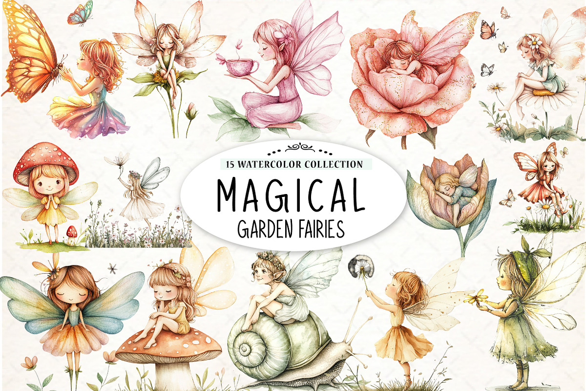 Magical Cute Garden Fairies Bundle, an Illustration by Watercolor design (Photo 1 of 4)