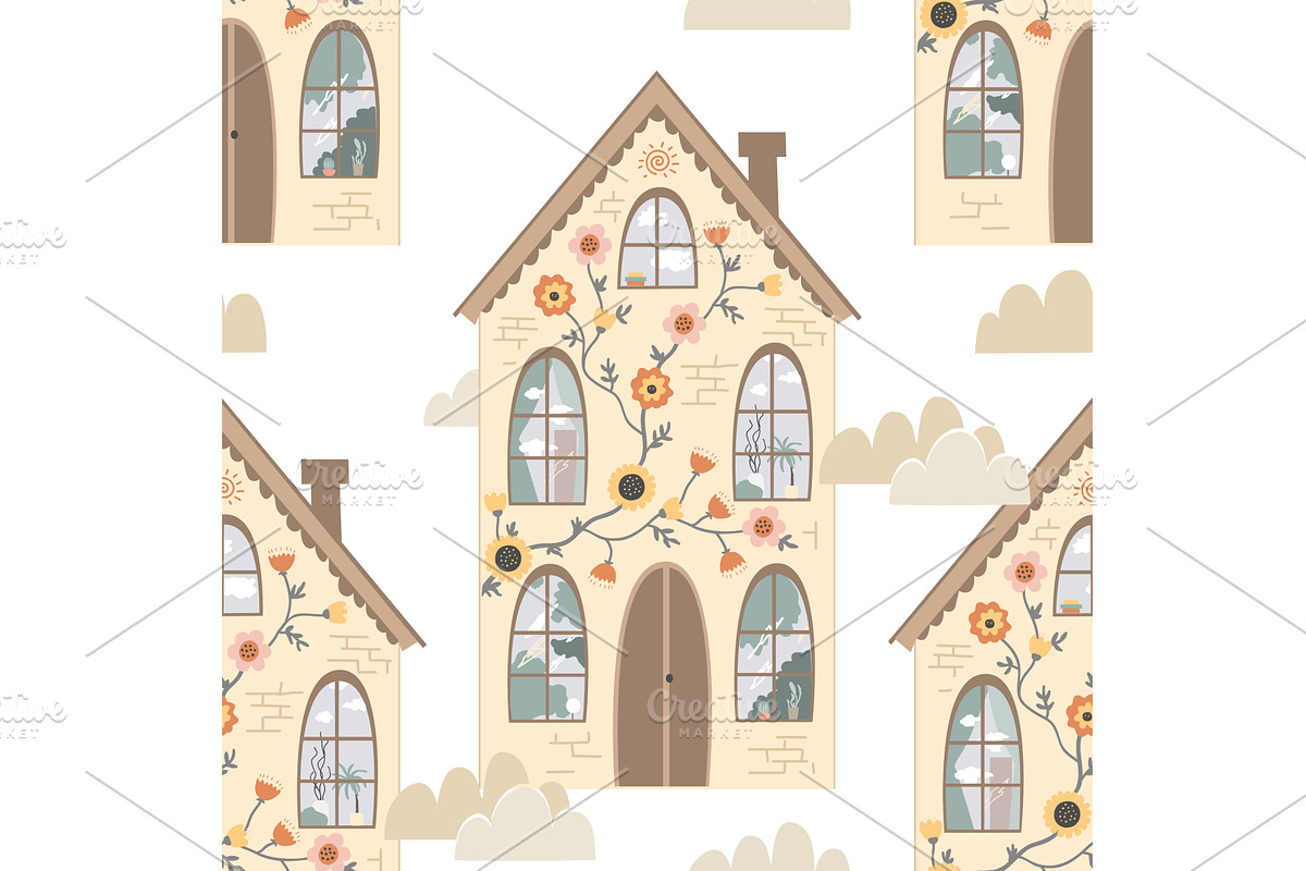 Seamless pattern with cute houses, an Object Illustration by Toltemara