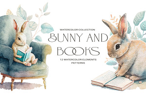 Bunny and Books. Watercolor rabbit