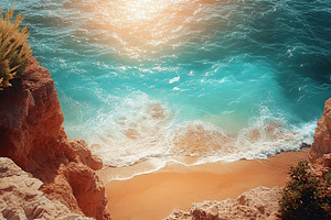 Stunning turquoise waves crashing on a golden sandy beach during a bright summe, a Nature Photo by AlyaAnd
