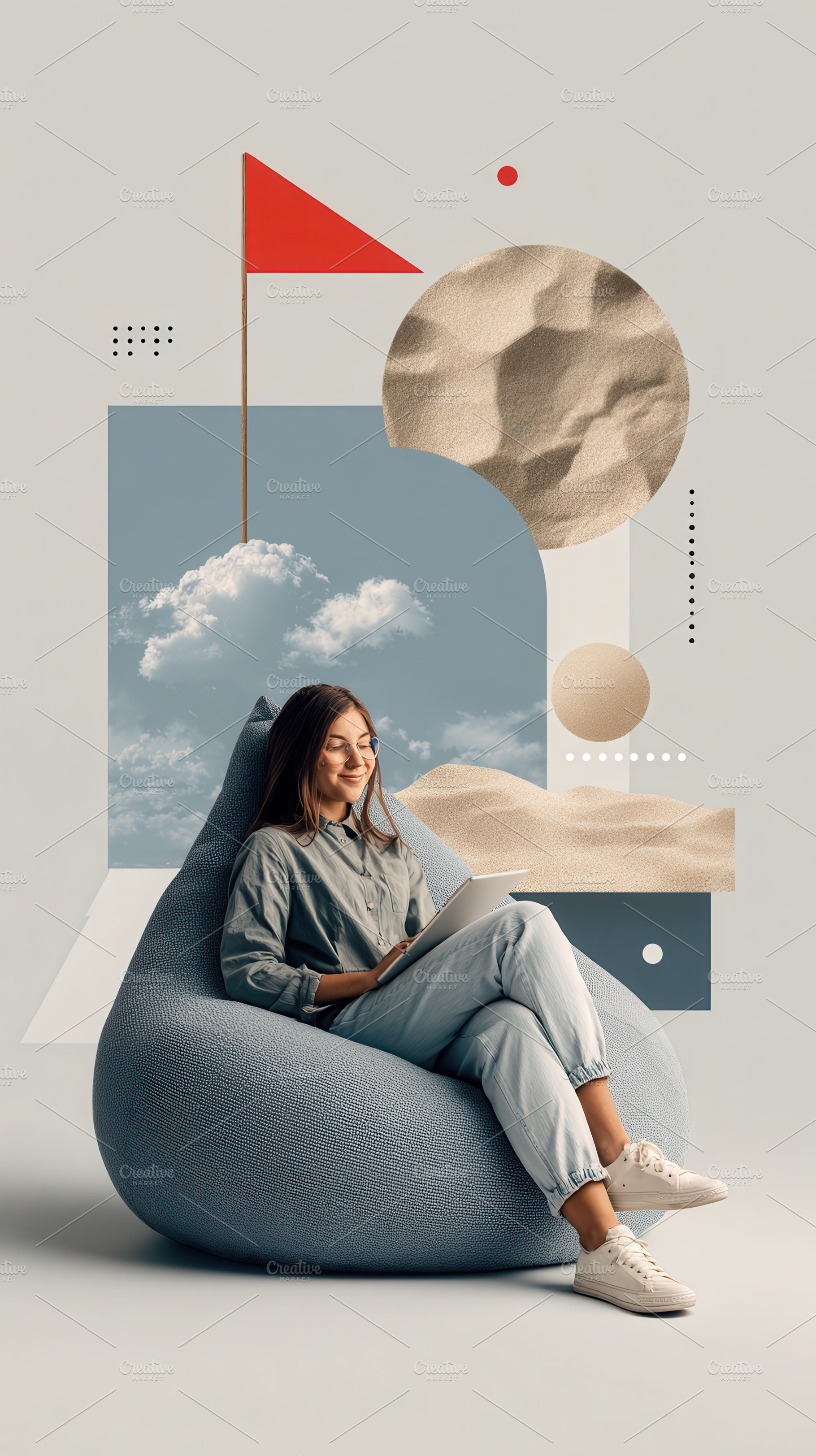 Woman relaxing in beanbag chair usin, a Photo by Pixeness Studio