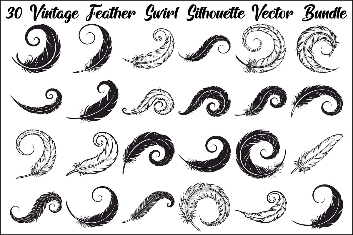Vintage Feather Swirl SVG Bundle, an Illustration by Creativeshirt (Photo 1 of 31)