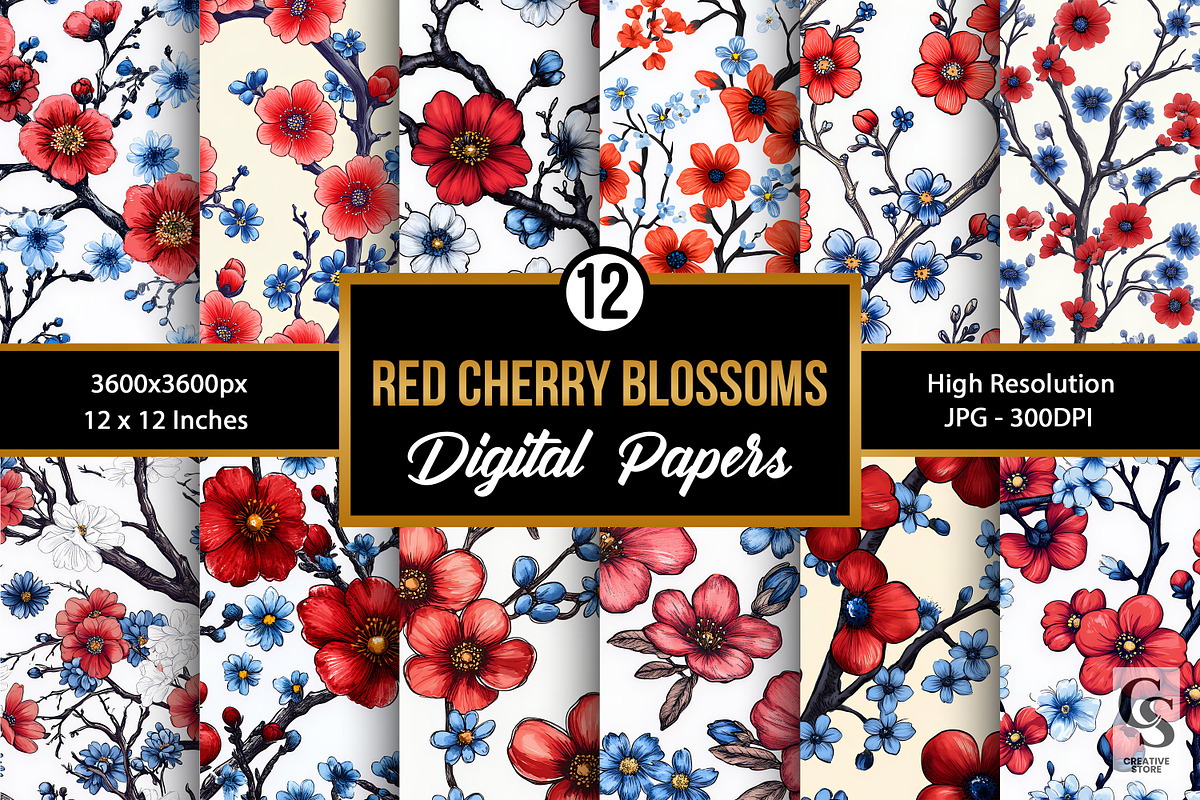 Red Blue Cute Cherry Blossoms Papers, a Pattern Graphic by Creative Store (Photo 1 of 5)