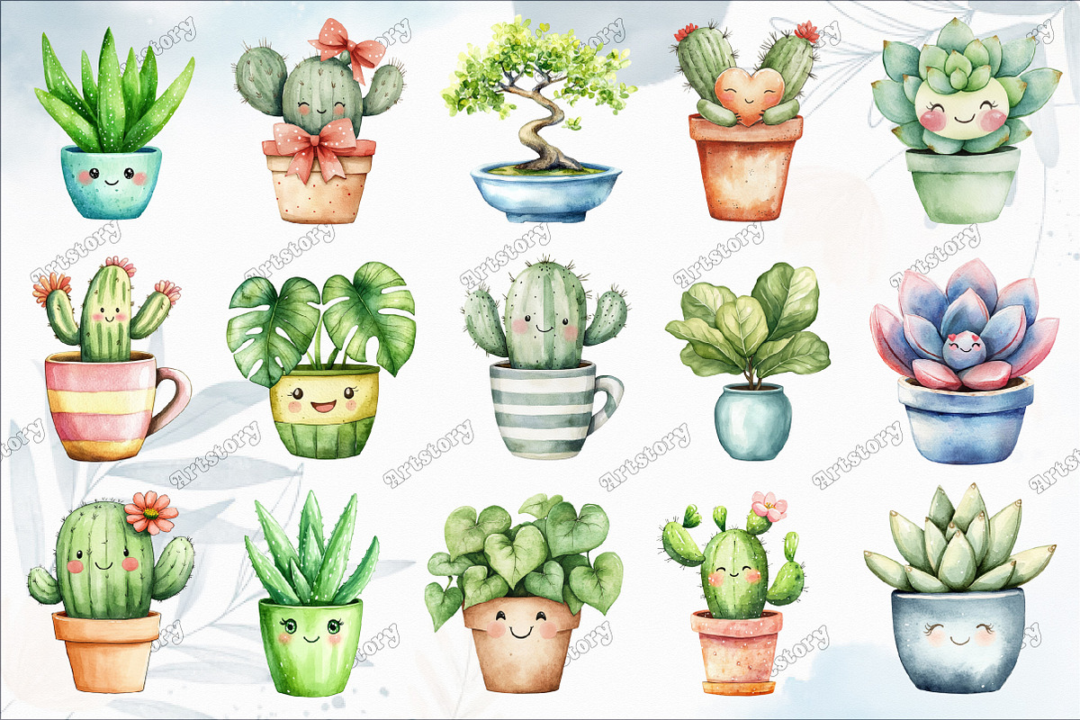 Watercolor Kawaii House Plant Clipar, an Illustration by designcity5 (Photo 3 of 5)