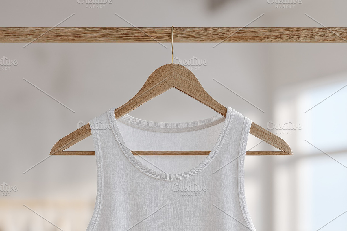 A plain white tank top mockup hanging on a wooden hanger in a bright, airy room, a Shirt Mockup by Textures & Backgrounds