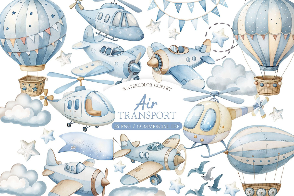 Air Transport Watercolor Clipart Set, an Illustration by MockupWizard (Photo 1 of 5)