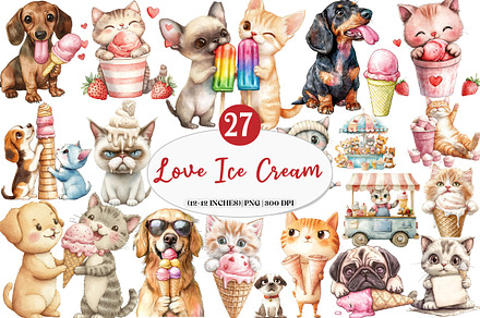 Funny Dog and Cat Love Ice Cream png, an Illustration by Watercolor design