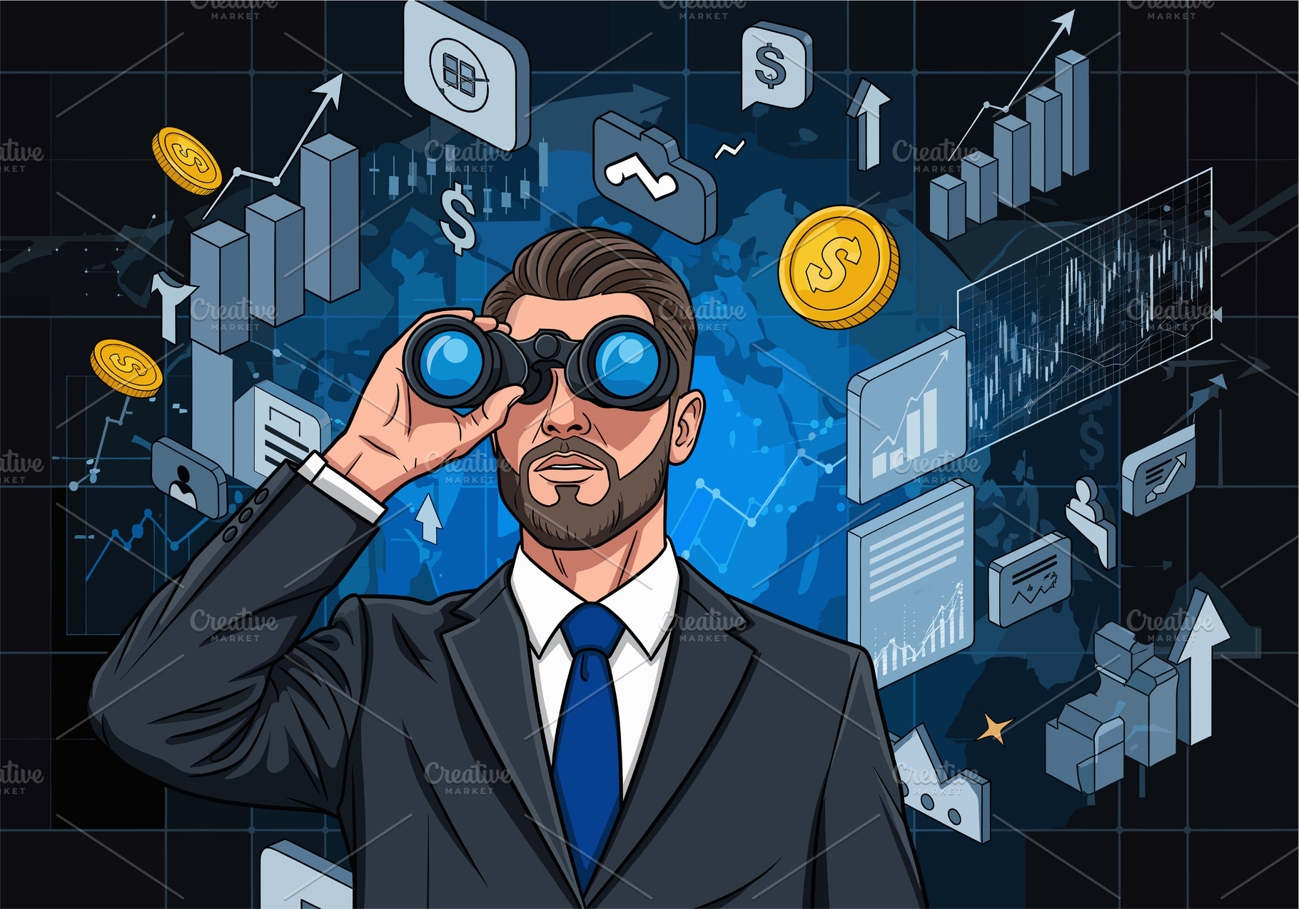 Businessman with Binoculars and Fina, a Business Photo by angellodeco