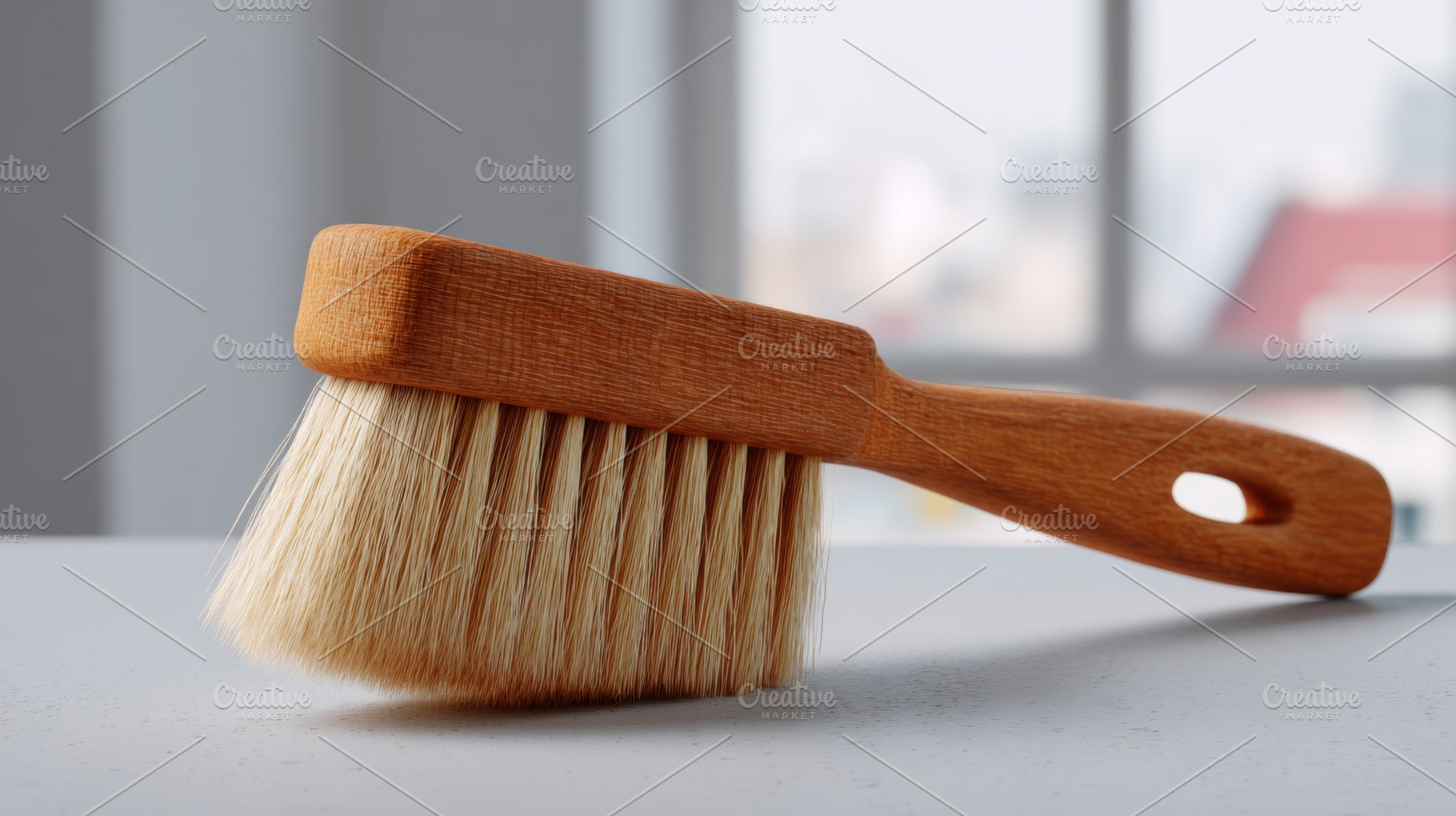 A natural wood dust brush with soft bristles resting on a clean surface, captur, a Business Photo by ImageMir