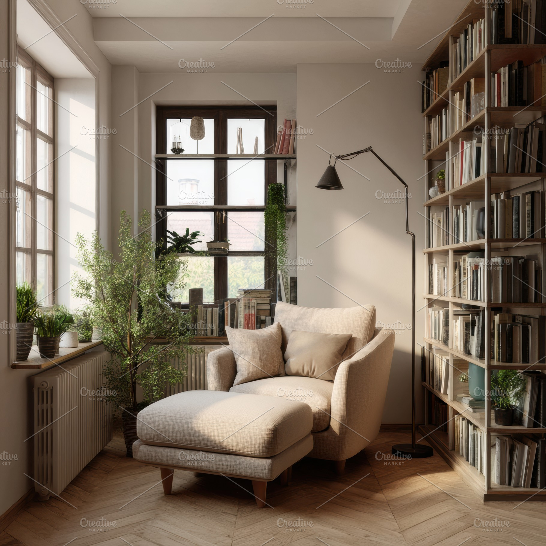 Reading nook with armchair and lamp, an Architecture Photo by Virgo Studio