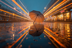 Lonely orange umbrella on a rainy city street, an Abstract Photo by AlyaAnd