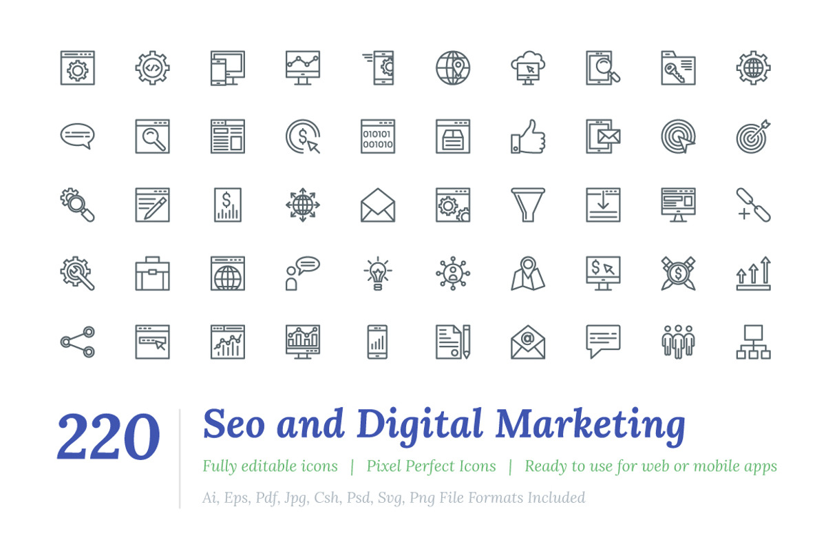 220 SEO and Digital Marketing Icons, an Outline Icon by Vectors Market (Photo 1 of 3)
