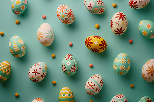 Pattern of decorated easter eggs on green background, a Food & Drink Photo by AlyaAnd