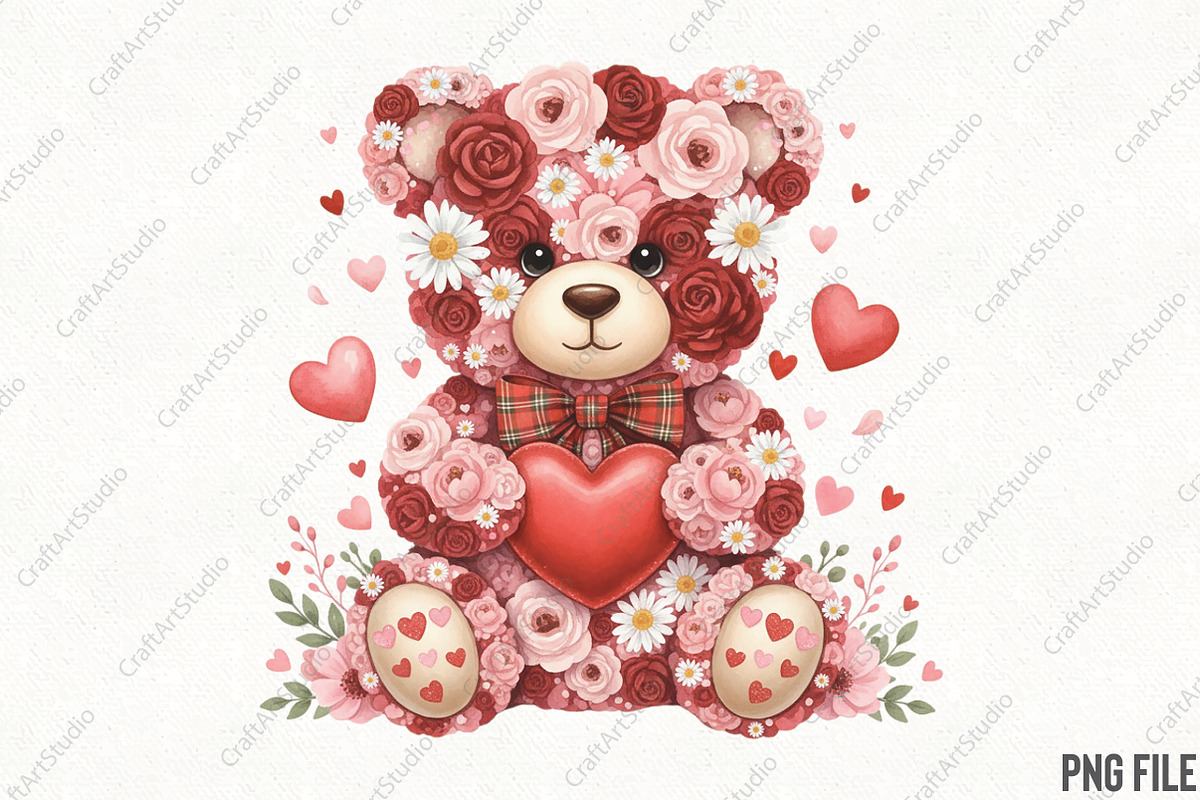 Pink Floral Valentine Teddy Bear PNG, an Illustration by CraftArtStudio (Photo 1 of 4)