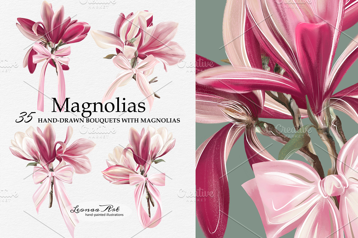 Magnolia Clipart Set, a Seasonal Illustration by Leonaa art (Photo 1 of 10)