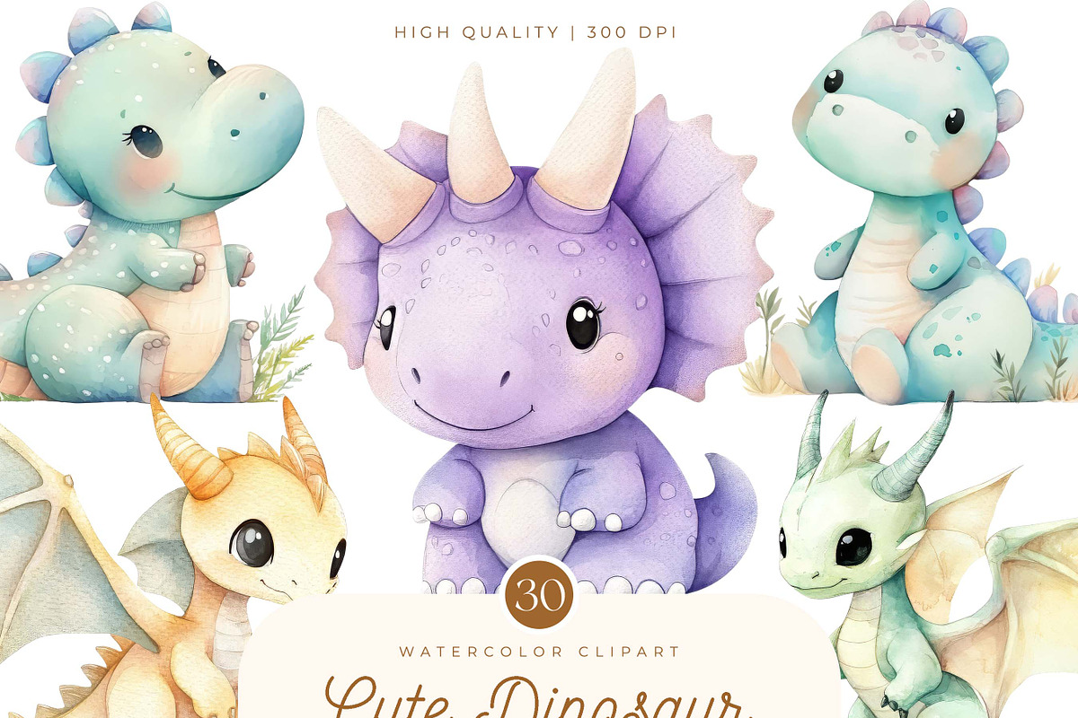 Watercolor Cute Dinosaur Clip Art, an Animal Illustration by SparkyDesignsUS (Photo 1 of 9)
