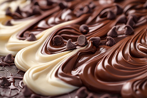 Delicious layered chocolate swirls featuring dark, milk, and whi, a Food & Drink Photo by ImageMir