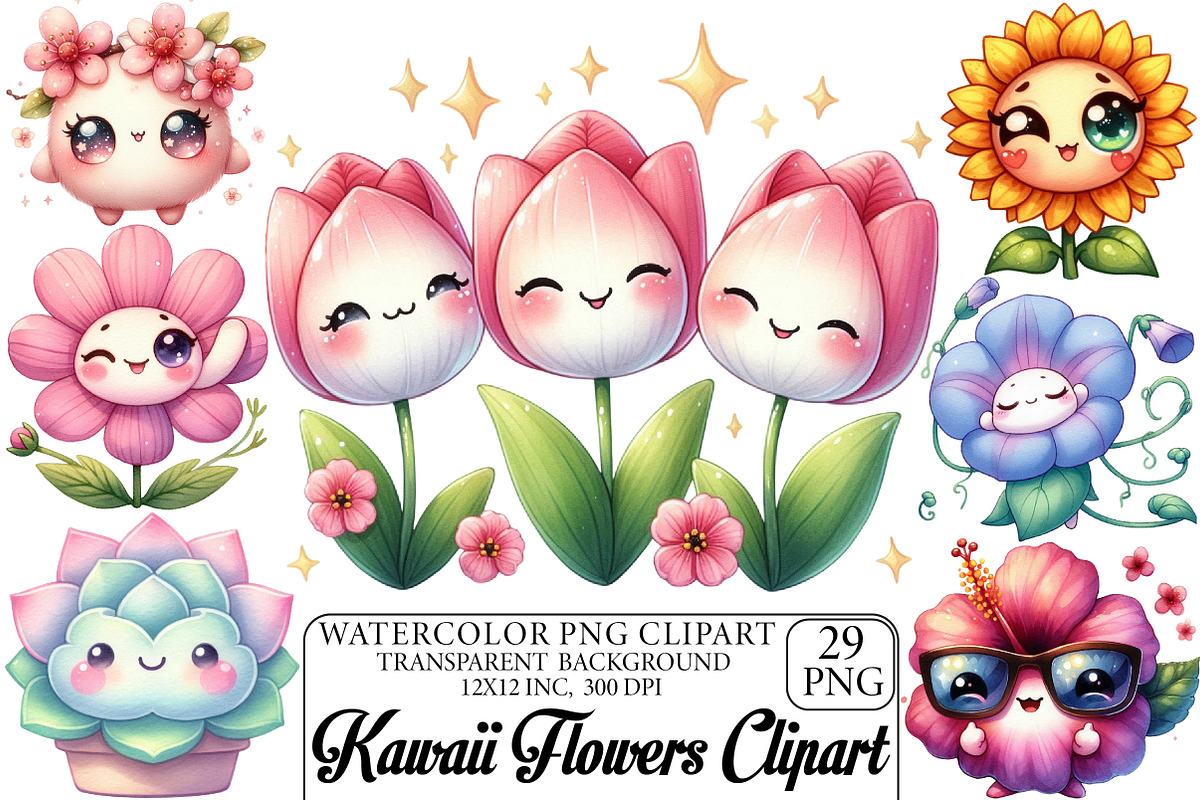 Kawaii Flowers Clipart, an Illustration by DreamPrint404 (Photo 1 of 5)