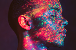 A profile view of a young man with closed eyes, illuminated by colorful light p, a Person Photo by Textures & Backgrounds