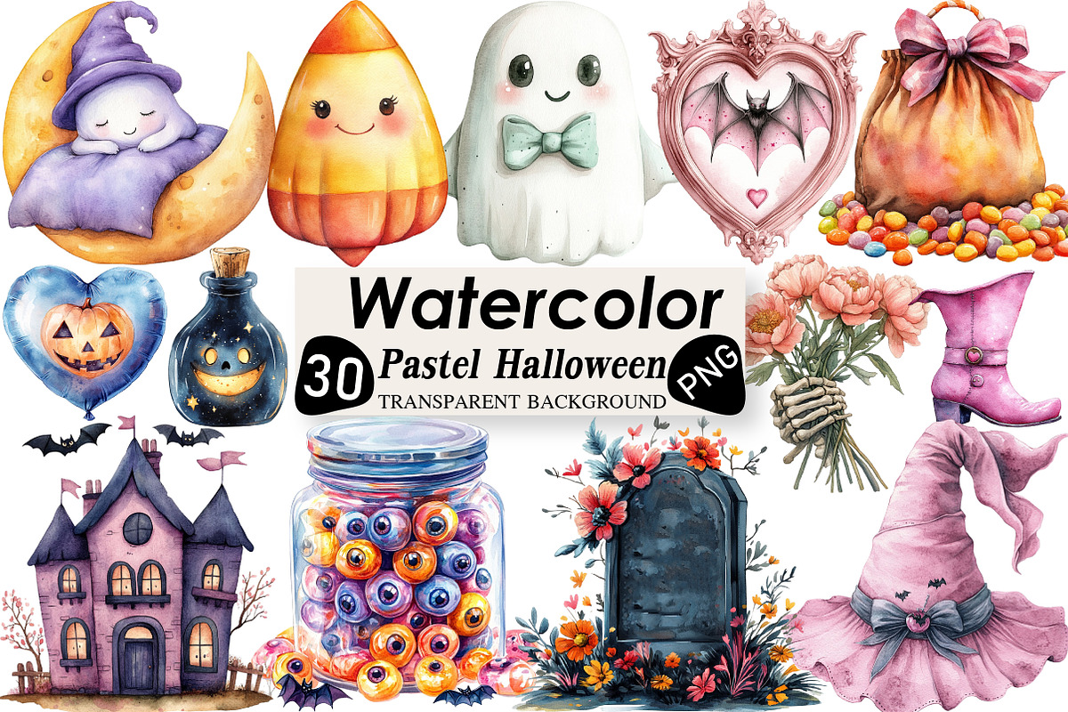 Pastel Halloween Clipart Watercolor, an Illustration by Black Bird Studio (Photo 1 of 6)