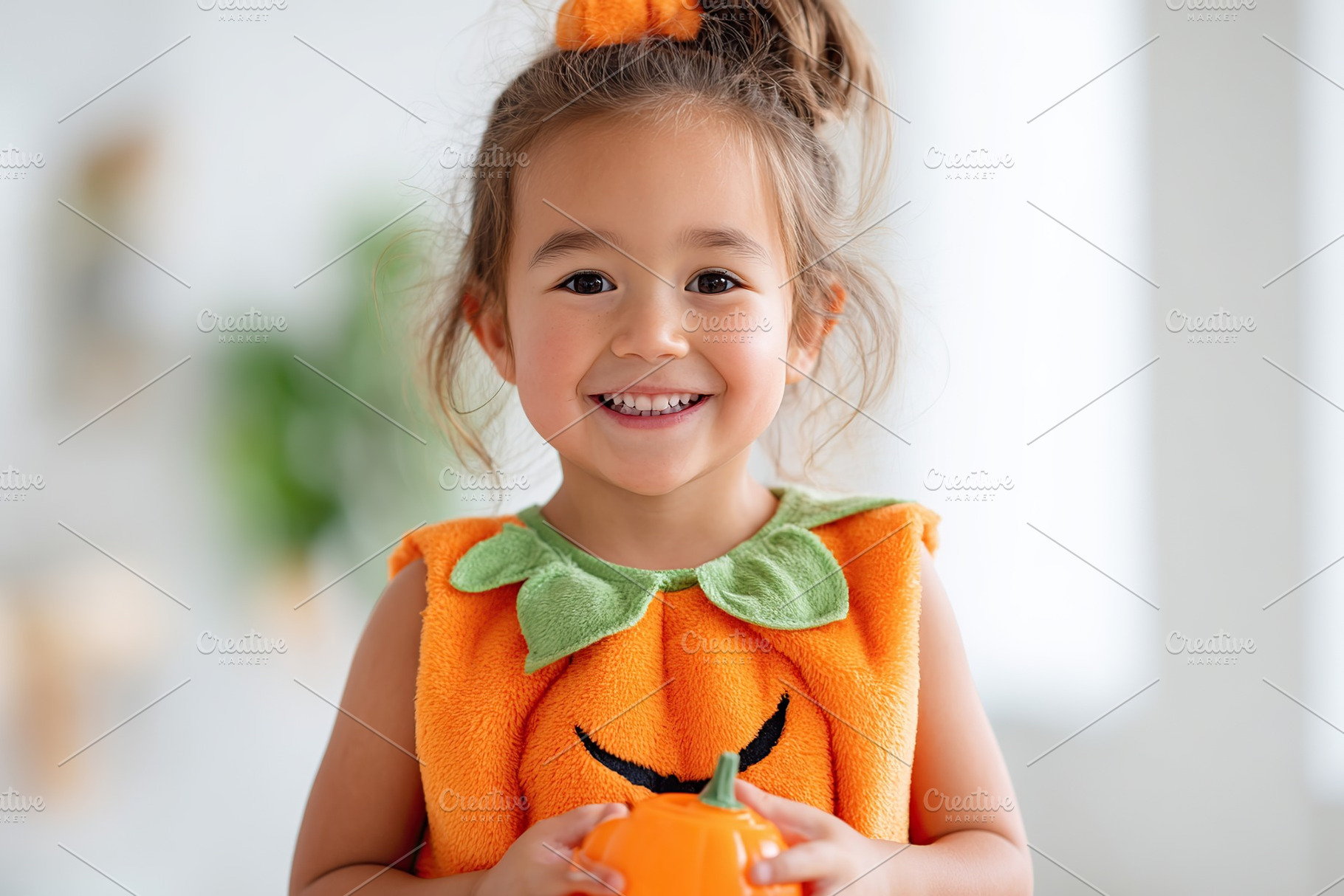 Happy child in pumpkin costume holding a small pumpkin in bright indoor setting, a Holiday Photo by AlyaAnd
