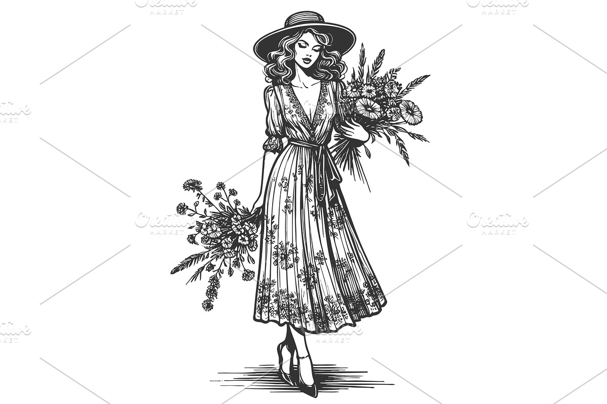 Retro Woman in Floral Dress Holding, a Person Illustration by AlexArt