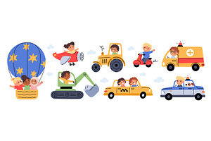 Happy cute kids in transport. Little, a Transportation Illustration by YummyBuum