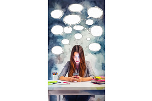Young woman using smartphone at desk, an Illustration by tilialucida