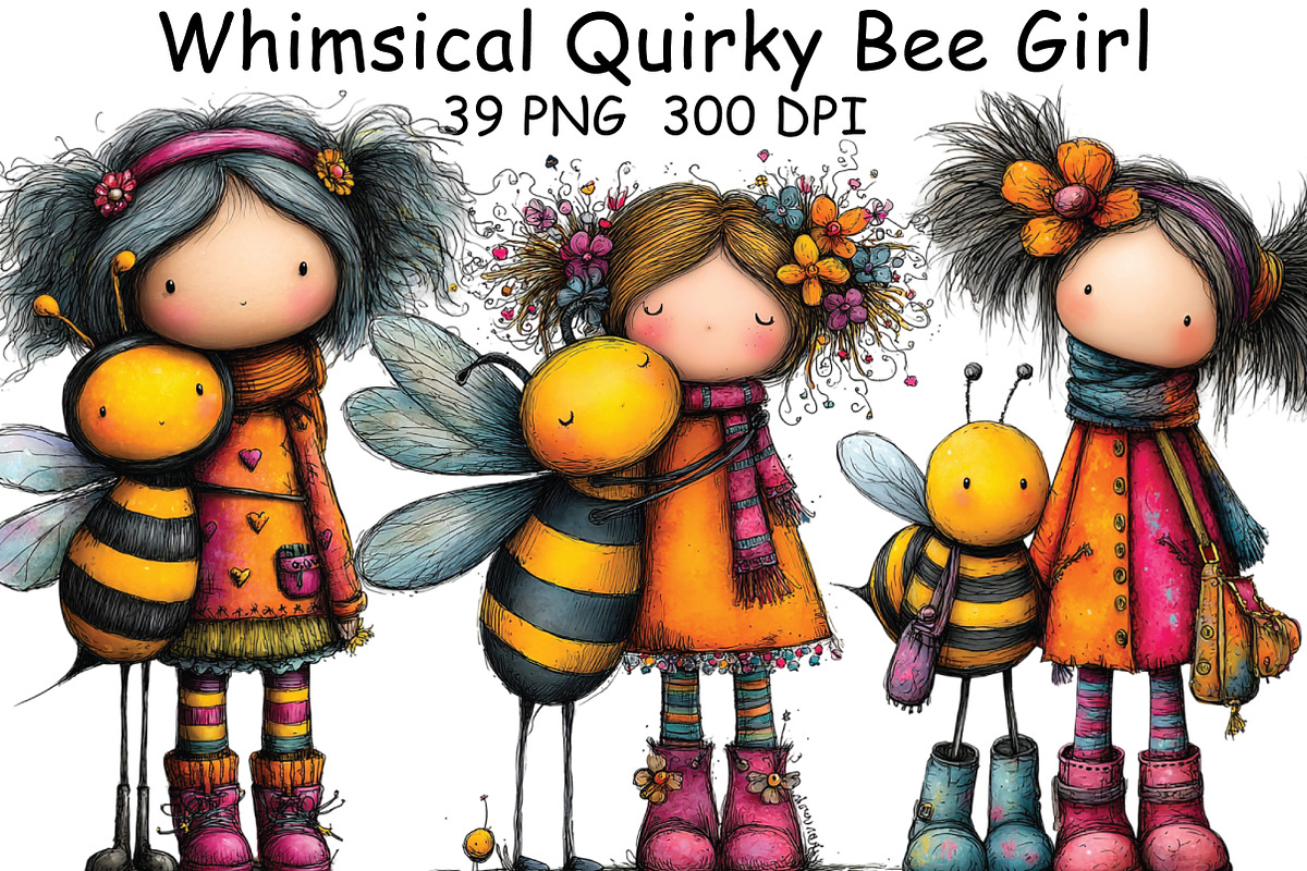Whimsical Quirky Bee Girl Clipart, an Illustration by CraftArtStudio (Photo 1 of 6)