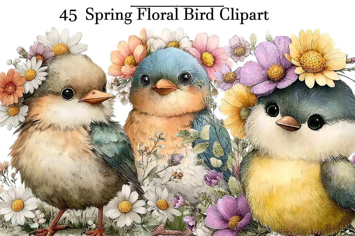 Spring Floral Bird Clipart, an Illustration by DreamArtGraphic (Photo 1 of 4)