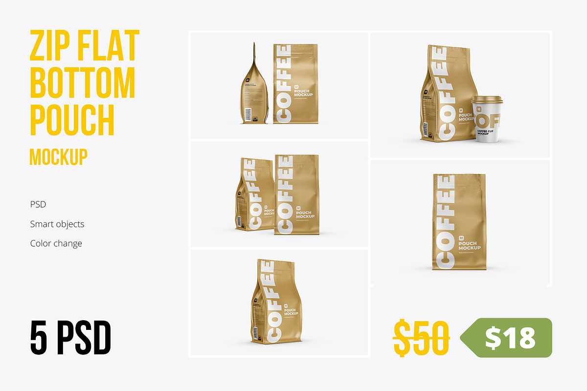 Zip Flat Bottom Pouch mockup 5PSD, a Packaging Mockup by easymock (Photo 1 of 13)