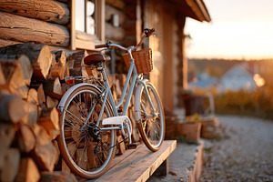 Bicycle resting against a log cabin piled with firewood at sunset, a Transportation Photo by AlyaAnd